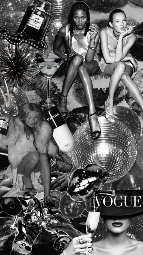 Kate moss, party girl, collage, vogue, fashion, style, alcohol, disco ball, kisses, Chanel Party Collage Aesthetic, Kate Moss Party, Black And White Aesthetic Collage, White Aesthetic Collage, Kate Moss Vogue, Vogue Collage, Black And White Collage, White Collage, Spring Formal