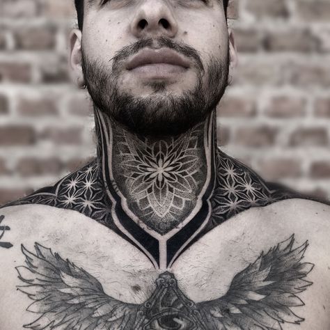 Mens Full Neck Tattoo, Egyptian Throat Tattoo, Collar Tattoo Men, Full Throat Tattoo Men, Geometric Neck Tattoo, Geometric Throat Tattoo, Mandala Tattoo Neck, Big Cover Up Tattoos, Throat Tattoos