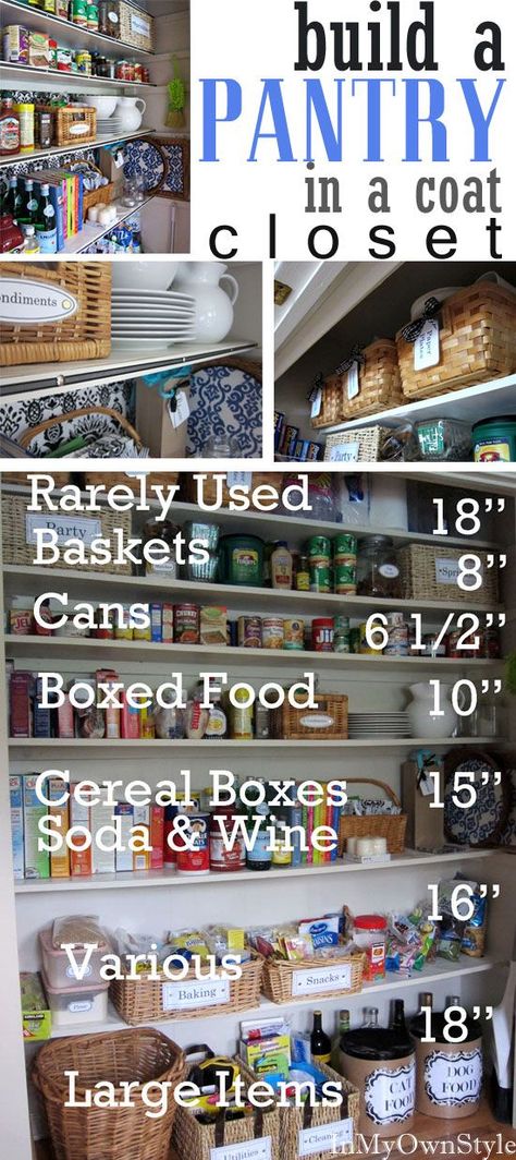 Kitchen pantry. Build a kitchen Pantry in a coat closet. #pantry #kitchenpantry #kitchenpantryideas #homeorganizing #kitchenstorageideas #foodstorageideas  #pantryorganizationideas #pantryorganization Pantry Closet Organization, Pantry Plans, Coat Closet Organization, Built In Pantry, Building A Kitchen, Closet Hacks Organizing, Design Café, Outdoor Kitchen Appliances, Food Storage Organization