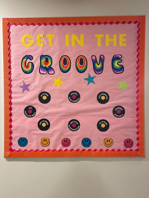 70s Bulletin Board, Disco Ball Bulletin Board Ideas, Groovy Classroom Theme Ideas, Groovy Door Decorations, 70s Bulletin Board Ideas, College Floor Themes, Welcome Bulletin Boards College, Floor Themes Residence Hall, Ra Dorm Hall Themes