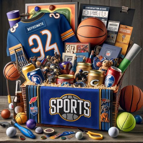 For the sports fanatic in your life, a sports-themed basket can be a slam dunk. Tailor the basket to their favorite sport or team with items like jerseys, tickets to a game, sports memorabilia, and themed snacks. For a more active approach, include items they can use, such as golf balls, a basketball, or a yoga mat, depending on their sports interest. Sports Gift Basket Ideas, Creative Gift Basket Ideas, Sports Gift Basket, Summer Gift Baskets, Gift Card Displays, Themed Snacks, Perfect Gift Basket, Creative Gift Baskets, Homemade Gift Baskets