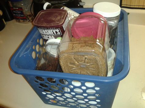 my kitchen is small, but I love to bake. I buy spices and baking staples in bulk, store them in empty twist top food containers and keep it all together in a crate I store in a utility closet since I don't have a pantry. When I want to bake, I grab the crate and go! Bulk Store, Utility Closet, Cooking Stuff, Twist Top, Plastic Laundry Basket, My Kitchen, Food Containers, Pantry, Pinterest Likes