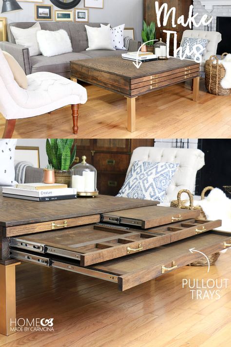 DIY Coffee Table With Pullouts - Home Made by Carmona Puzzle Tables, Puzzle Storage, Tidy Room, Puzzle Table, Table With Drawers, Coffee Table With Drawers, Tv Trays, Dream Furniture, Diy Coffee Table