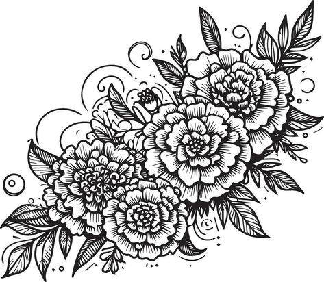 Marigold flower vector art, elements summer collection, hand-painted marigold wall decor, vector sketch, pencil art fresh marigold flower, Minimalist marigold tattoo design, marigold October birth Marigold Flower Tattoo Black And White, Marigold Outline, Marigold Tattoo Design, Marigold Flower Tattoo, Marigold Design, Marigold Tattoo, Native American Tattoo Designs, Flower Vector Art, Flower Minimalist