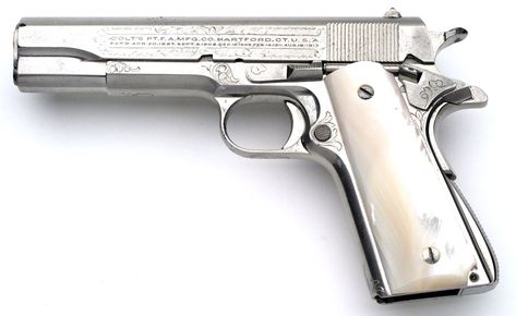 Colt Super .38 Factory Engraved, Factory Nickel Finish with Mother of Pearl stocks. One of 38 factory engraved pre-war Super .38 pistols. Cool Pocket Knives, 38 Super, By Any Means Necessary, Fire Powers, Pocket Knives, Tactical Gear, Nickel Finish, Mother Of Pearl, Let Me