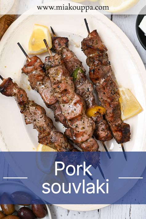 Dive into the world of Greek cuisine with our amazing pork souvlaki recipe! With step-by-step instructions, we'll guide you to creating the most tender, juicy, and mouthwatering souvlaki your tastebuds have ever experienced. Get ready to impress your guests and elevate your summer BBQ game! Greek Pork Tenderloin, Pork Souvlaki, Greek Pork, Greek Marinated Chicken, Souvlaki Recipe, Greek Recipes Authentic, Greek Olives, Greek Cooking, Stuffed Pork Tenderloin