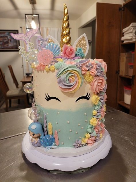 Mermaid Unicorn Cake unicornflowerssvg Mermaid Unicorn Birthday Cake, Mermaid And Unicorn Cake, Unicorn Number Cake, Unicorn Cake Decorations, 5th Birthday Cake, Mermaid Birthday Cakes, Mermaid Unicorn, Family Cake, 2 Tier Cake