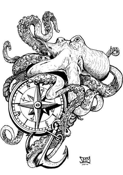 Octopus and compass tattoo by Sean Manning Nautical Tattoo Sleeve, Octopus Tattoo Sleeve, Kraken Tattoo, Compass Rose Tattoo, Octopus Drawing, Moon Sea, Tattoo Moon, Octopus Tattoo Design, Pirate Tattoo