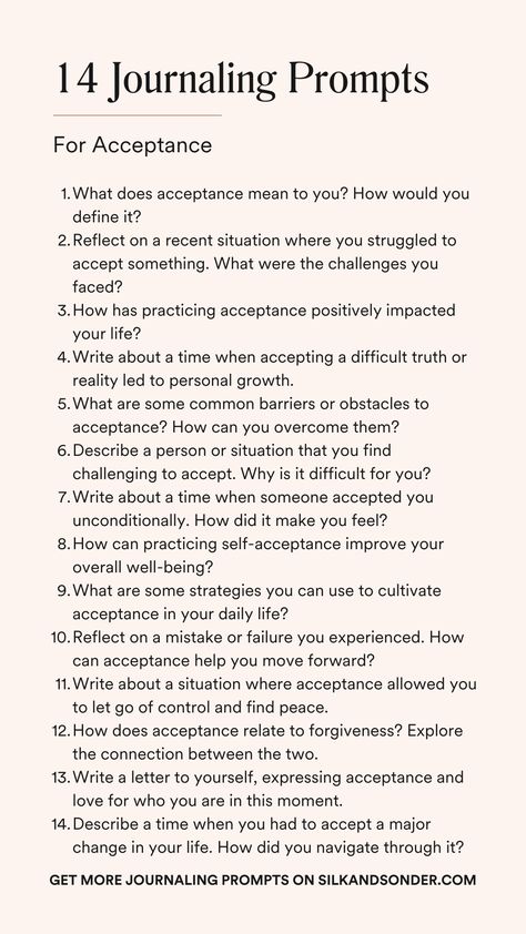 What happens if we were to accept ourselves just the way we are? Self-acceptance is all about creating a positive, loving relationship with ourselves so we can overcome self-limiting beliefs to be more confident, more self-loving, and more empowered. Save and use these journaling prompts for self-love and self-acceptance whenever you need them! journal prompts for self acceptance; journal prompts for self love; guided journal prompts; guided journaling prompts for self love Journal Prompts For Acceptance, Self Acceptance Journal, Journal Prompts For Self Acceptance, Journaling Prompts For Relationships, Self Acceptance Journal Prompts, Self Sabotage Journaling Prompts, Fall Journaling, Journal Prompts For Self Love, Prompts For Self Love