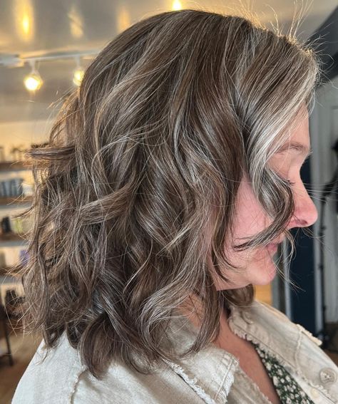 Lavender Grey Hair, Grey Brown Hair, Gray Blending, Sleek Bob Hairstyles, Platinum Blonde Balayage, Grey Highlights, Hair Adviser, Hair Gray, Transition To Gray Hair