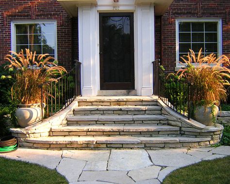 Front Steps Design, Pictures, Remodel, Decor and Ideas - page 10  Steps flare out to the sidewalk. Stained concrete? Front Porch Stone, Step Ideas, Front Porch Steps, Front Door Steps, Porch Stairs, Front Stairs, Brick Steps, Patio Steps, Stone Steps