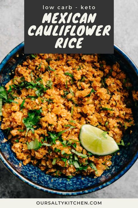 Mexican Cauliflower Rice (25 Minutes!) - Our Salty Kitchen Coumadin Diet, Cauliflower Bowl, Mexican Cauliflower Rice, Mexican Cauliflower, Taco Side Dishes, Frozen Cauliflower, Chicken Shrimp, Healthy Side Dish, Low Carb Recipe