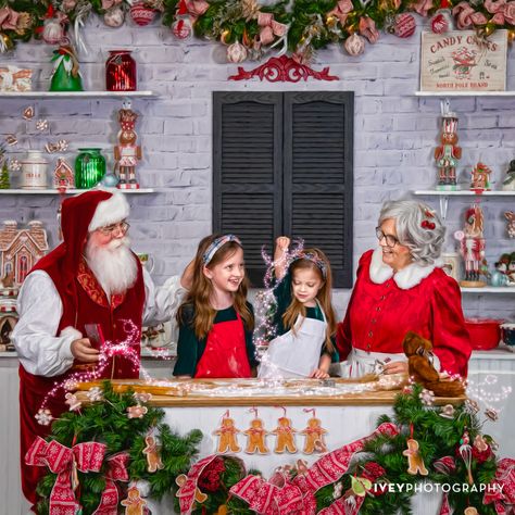 Santa and Mrs. Claus baking in the Cookie Kitchen with children at The Storybook Santa Experience near Ft. Worth TX Cooking With Santa Photoshoot, Santa And Mrs Claus Photo Session, Baking With Santa Pictures, Santa Baking Pictures, Baking With Mrs Claus Photo Session, Mrs Claus Photo Shoot, Baking With Santa Photo Session, Cookies With Santa Photography, Christmas Baking Photoshoot