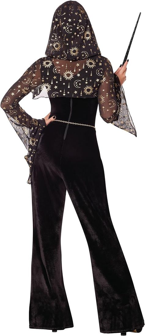 Let’s get wicked. This Spellbinding Witch Jumpsuit Costume features a black velour jumpsuit, a sheer, cropped hooded jacket with a celestial design, and a chain belt. - Spooky Season - Hocus Pocus - October - Halloween - Costume Ideas - Best Seller - Fall Must Have - Fall Decor - Halloween Town - Witch - Season of the Witch - Ghost Witch Outfit Black, Witch Season, Jumpsuit Costume, Velour Jumpsuit, Witch Ghost, Celestial Design, Fall Must Haves, October Halloween, Witch Outfit