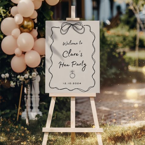 Custom Hen Party Welcome Sign Whimsical Handwritten Modern Hand Drawn Bridal Shower Welcome Poster Personalised Board Coquette Bow Design Hen Party Cakes, Tabletop Easel, Hen Party Games, Personalized Board, Party Welcome Sign, Welcome Poster, Coquette Bow, Bow Design, Cards Sign