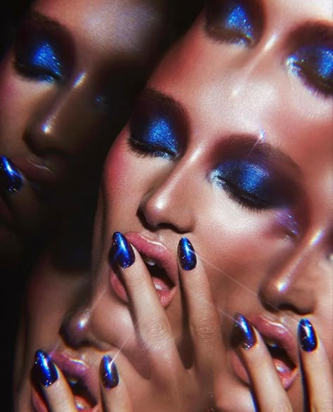 Space Makeup, Metallic Makeup, Metallic Nail Polish, Metallic Lipstick, Beauty Photoshoot, Metallic Nails, Blue Eyeshadow, Beauty Shoot, Blue Makeup