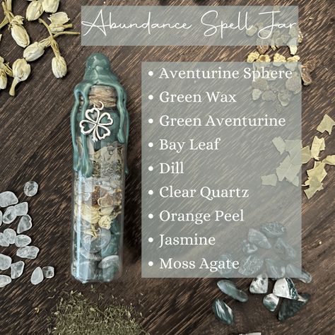 Green Aventurine Abundance Spell Jar - Witch's Intention Bottle with Moss Agate, Jasmine, and Clear Quartz Unlock the secrets of prosperity with Moondust & Raven's "Green Aventurine Abundance Spell Jar." This bewitching intention bottle is meticulously crafted, combining the energies of moss agate, jasmine, orange peel, dill, bay leaf, clear quartz, and green aventurine chips. Topped with a green aventurine mini sphere, adorned with a clover charm, and sealed with luscious green wax, this spell Abundance Spell Jar, Abundance Spell, Witches Jar, St. Patrick's Day Diy, Prosperity Spell, Jar Spells, Halloween Mantle, Protection Spell, Spell Jar