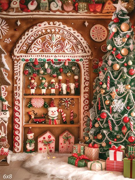 Gingerbread House Christmas Backdrop - Festive gingerbread house Christmas backdrop featuring intricate icing designs Gingerbread House Tree Decorations, Christmas Gingerbread House Decorations, Icing Patterns, Joy Decorations, Gingerbread House Christmas, Gingerbread House Designs, Gingerbread Christmas Tree, Themed Photography, Photography Christmas