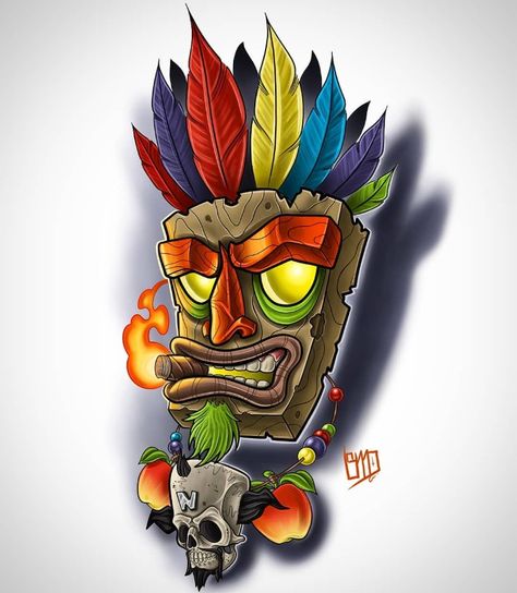 Crash Bandicoot Tiki Mask, Crash Bandicoot Drawing, Crash Bandicoot Art, Aku Aku Tattoo, Crash Bandicoot Tattoo, Tiki Tattoo, Character Tattoos, Badass Drawings, Tiki Art