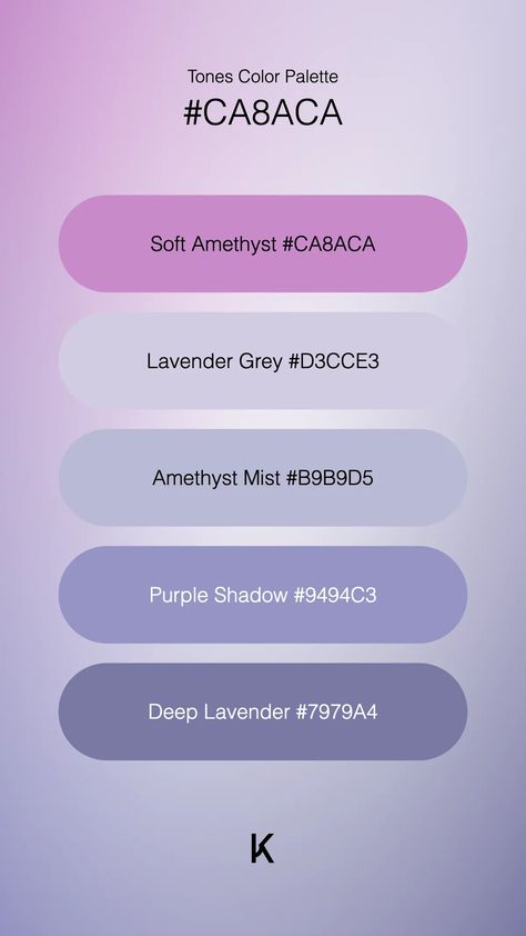 Tones Color Palette Soft Amethyst #CA8ACA · Lavender Grey #D3CCE3 · Amethyst Mist #B9B9D5 · Purple Shadow #9494C3 · Deep Lavender #7979A4 Serenity Color, Purple Shadow, Lavender Grey, Hex Color Palette, Hex Color Codes, Hex Codes, Kid Room, Hex Colors, Color Code