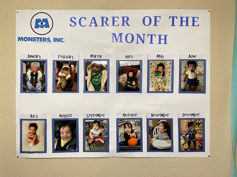 Scarer of the month poster i made for my grandsons first birthday Monsters Inc Scarer Of The Month, Scared Of The Month Monsters Inc, Monsters Inc Party, Monster Inc Birthday, Monster Inc, Birthday Wall, Monster University, Monsters Inc, Senior Year