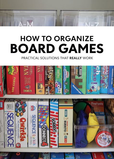 Struggling to organize your board game collection but just don't want to part with the sturdy boxes or packaging? This is the solution you need for a perfectly organized game closet! Organization For Board Games, Organize Card Games, Lego Storage Closet, Organize Board Games Storage Solutions, Organizing Game Closet, Organize Games In Closet, Kids Board Game Storage, How To Organize Games And Puzzles, Board Game Closet Organization