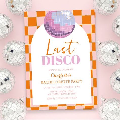 $1.98 | Last Disco Bachelorette Party Invitation | Wedding Invitations | last disco bachelorette party, disco ball bachelorette, bach bash, retro colorful, vibrant, bold, orange, pink, checkered, purple Last Disco Bachelorette Party, Last Disco Bachelorette, Disco Bachelorette Party, Last Disco, Bach Bash, Disco Bachelorette, Bachelorette Party Invitation, Retro Disco, 28th October