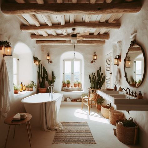 Mediterranean Bathroom Whitewashed Walls and Exposed Beams Modern Spanish Style Bathroom, Spanish Bathroom Ideas, Modern Mediterranean Bathroom, Southwest Bathroom, Mediterranean Bathroom Ideas, Mediterranean Style Bathroom, Mediterranean Cottage, Whitewashed Walls, Modern Spanish Style