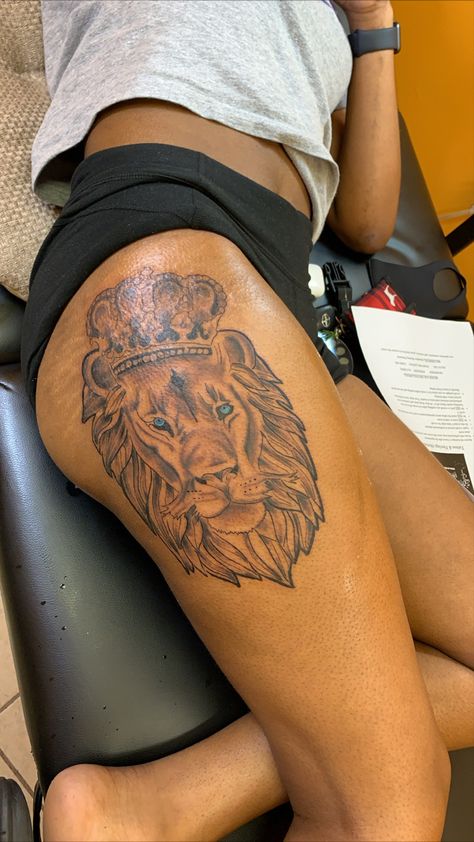 Leo Tattoo For Women Leg, Lion Tattoo For Women On Thigh, Leo Lion Tattoos For Women Leg, Leo Zodiac Tattoos For Women Thigh, Thigh Lion Tattoos Women, Leo Lion Tattoos For Women, Leo Tattoo For Women, Leo Lion Tattoos, Leo Lion