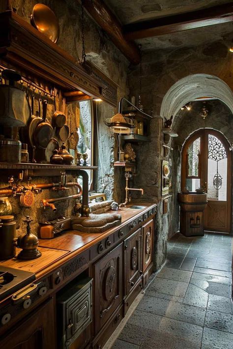 Steampunk and French Country Pantries Steampunk Dining Room, Design Concept Interior, Dystopian Steampunk, Country Pantry, Steampunk Interior Design, Tavern Decor, Steampunk Rooms, Steampunk Kitchen, Kitchen Pantries