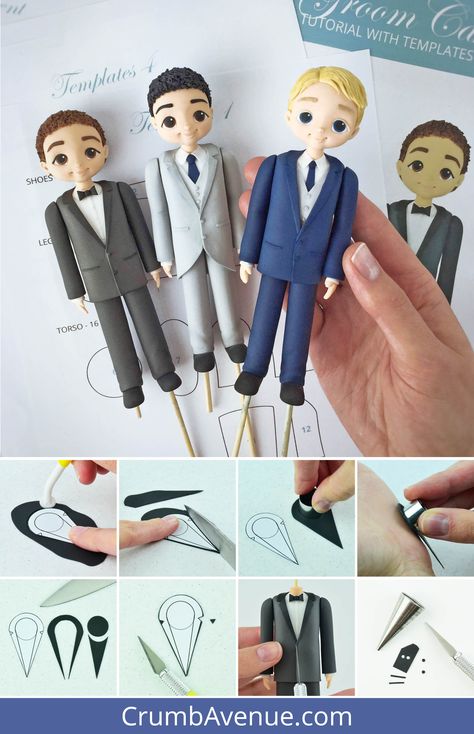 how to make a groom cake topper, wedding cake toppers, men, suit, boy, cute cake toppers, jacket, cake decorating, sugar craft, cake art, wedding cakes ideas, inspiration, figure, figurines, figurine, clothes, fondant, gum paste, modelling paste, sugarpaste, pasta de goma, Crumb Avenue, people, how to make people cake toppers, face, eyes, mouth, hair, simple, polymer clay inspiration, holy communion, boy in suit, cold porcelain inspiration, step by step tutorial with templates, pictorial Fondant Man Figure Tutorial, Polymer Clay Cake Toppers, Clay Figures People, Fondant People Tutorial, Groom Cake Toppers, Diy Wedding Cake Topper, Polymer Clay People, Fondant People, Bride Cake