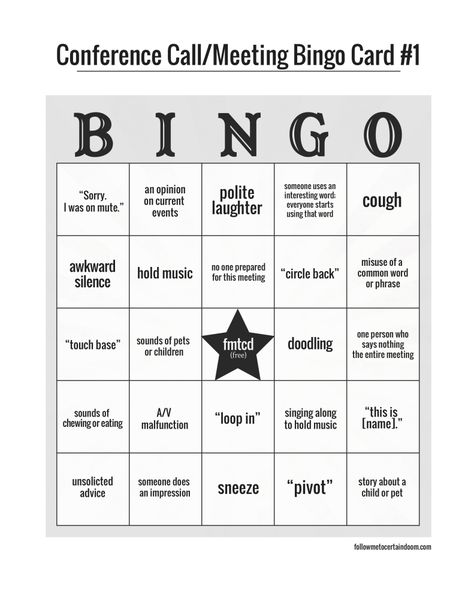 If your calendar is wall-to-wall conference calls, Google hangouts, Skypes… Work Meeting Theme Ideas, Conference Bingo, Conference Call Bingo, Meeting Memes, Work Meeting Meme Funny, Teacher Leadership, Conference Call, Free Bingo Cards, Meeting Activities