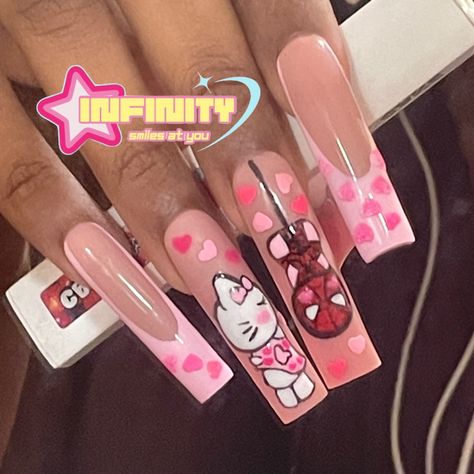 Spider Man X Hello Kitty, Hello Kitty French Tips, Spider Man Nails, French Tips, Hello Kitty, Kitty, Nails