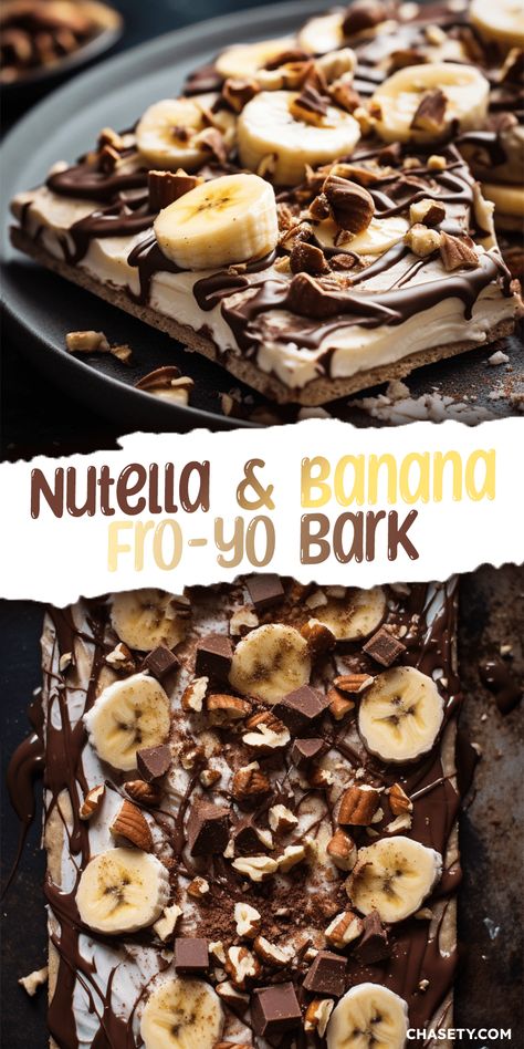 Banana & Nutella Frozen Yogurt Bark [20 Minutes] - Chasety Healthy Frozen Bark, Frozen Nutella Treats, Healthy Sweet Snacks Store Bought, Yogurt Bark Ideas, Frozen Yogurt Fruit Bark, Raspberry Yogurt Bark, Frozen Banana Snacks, Banana Yogurt Bark, Keto Frozen Yogurt Bark