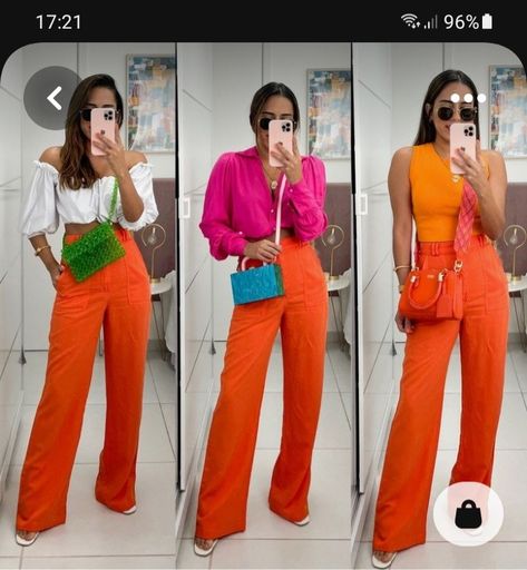 Color Combinations Orange Outfit, Trendy Orange Outfits, Color Block Orange Outfit, How To Wear Orange Pants, Orange Pant Outfits, Outfit With Orange Pants, Colour Combination With Orange, What To Wear With Orange Pants, Orange Dress Pants Outfit