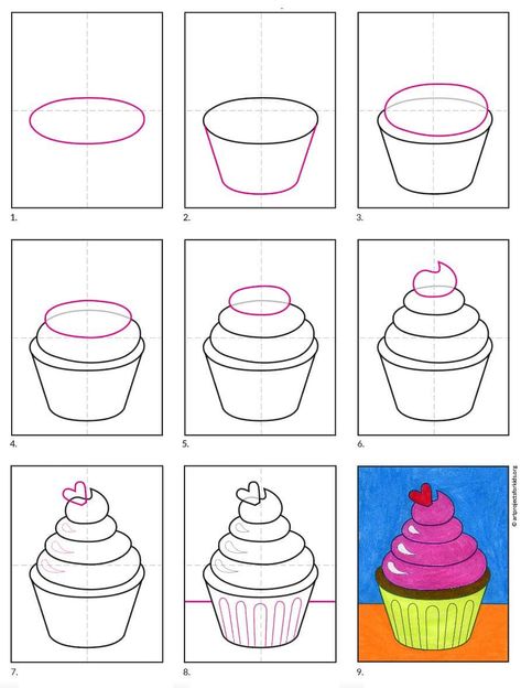 How to Draw a Valentine Cupcake Cupcakes Art Drawing, Draw A Cupcake, Cupcake Coloring Pages, Cupcake Drawing, Cupcake Tutorial, Cartoon Style Drawing, Cupcake Art, Elementary Art Projects, Drawing Tutorial Easy