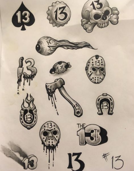 Spooky 13 Tattoos, 13 Tattoos Designs, Friday 13th Tattoo Flash Sheet, Horror Movie Flash Sheet, Small Friday The 13th Tattoo Ideas, Friday The Thirteenth Tattoo Flash, October 13 Tattoo, Friday The 13 Flash Tattoo, Red Rum Tattoo