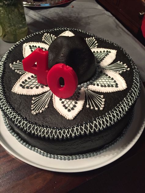 Mexican mariachi inspiration. Classy and elaborate red velvet cake. 40th birthday for him. Baked by @thebronsdons Mariachi Cake Ideas, Charro Cakes, Mexican Cake Ideas, Mariachi Cake, Charro Party Ideas, Mariachi Hat, Mexican Mariachi, Mexican Cake, Quince Cakes