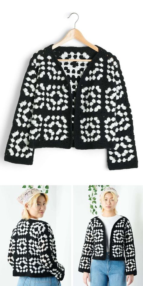 Black And White Granny Square Cardigan, Crochet Granny Square Sweater Free Pattern, Easy Granny Square Sweater, Gilet Granny Square, Easy Granny Square Cardigan, Free Granny Square Cardigan Pattern, Granny Square Crochet Pattern Cardigan, Granny Square Jacket Pattern Free, Granny Square Crochet Sweater Pattern