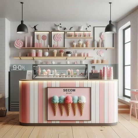 Ice Cream Bar Design, Ice Cream Store Interior, Waffle Shop Design Ideas, Ice Cream Shop Ideas Interiors, Small Ice Cream Shop Design, Ice Cream Parlor Aesthetic, Ice Cream Parlor Interior, Ice Cream Kiosk Design, Heladerias Ideas Decoracion