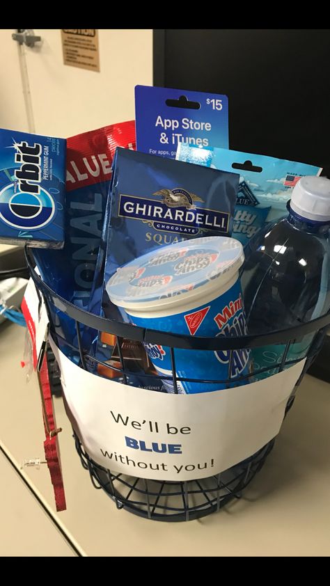 Made this gift basket for an employee that was leaving. We will be blue without you. Manager Birthday Gift Ideas, Employee Leaving Party, Daycare Retirement Gift, Gift For Employee Leaving, Blue Without You Gift Basket, Employee Leaving Gift Ideas, Volunteer Ideas, Goodie Basket, Goodbye Party