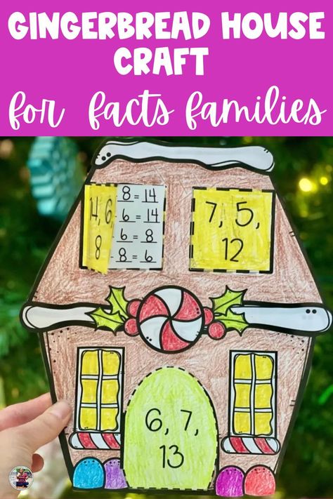 Have you ever had your early elementary students complete a Christmas math craft? This Christmas math craft will create a gingerbread house craft and students will show off their addition and subtraction fact family knowledge. You can easily do this as a partner math activity. First grade and second grade students can practice fact families for addition and subtraction then create this math gingerbread house! You can easily display this on your bulletin boards too. Christmas Math Craft, Fact Families Activities, Winter Literacy Activities, Gingerbread Math, Subtraction Activity, Gingerbread House Craft, Division Activities, Christmas Math Activities, Christmas Bulletin Board