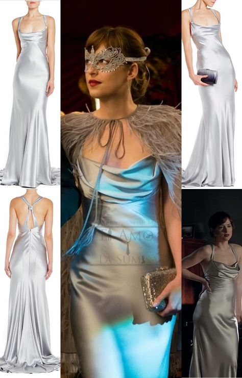 Fifty Shades Masquerade Party, Dakota Johnson Silver Dress, Anastasia Steele Dress Silver, Anastasia Steele Wedding Dress, Anastasia Steele Masquerade, Masquerade Dress Ideas, Anastasia Steele Outfits, Masquerade Outfit Ideas, Masquerade Ball Outfits