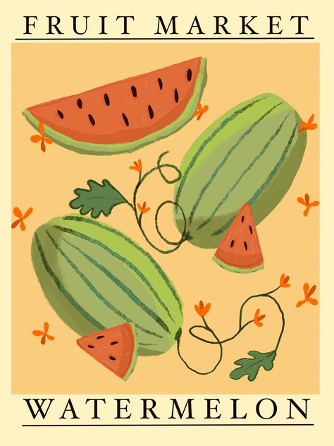 Watermelon Illustration Art, Watermelon Illustration Cute, Watermelon Art Illustrations, A6 Bujo, Watermelon Poster, Fruit Market Poster, Watermelon Drawing, Drawing Fruit, Watermelon Illustration