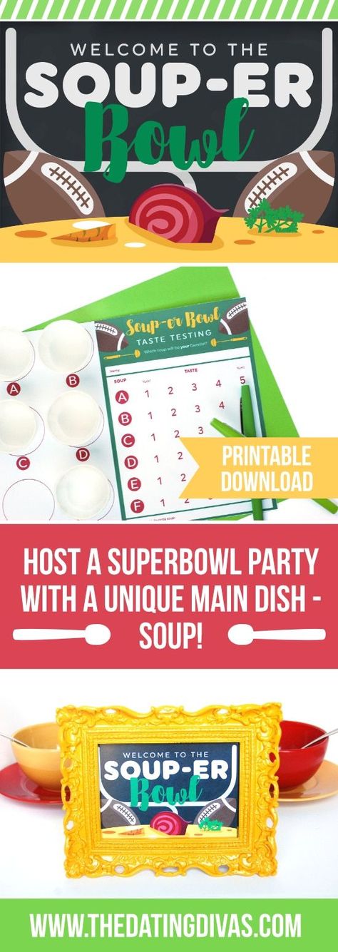 Oct 24, 2018 - Host a soup swap party! Everyone brings soup to share! Two versions included: one for any time of year and one for the Super Bowl! Super Bowl Soup, Souper Bowl Party, Swap Party Ideas, Soup Swap, Football Party Ideas, Superbowl Party Games, Superbowl Party Decorations, Souper Bowl, Birthday Games For Adults