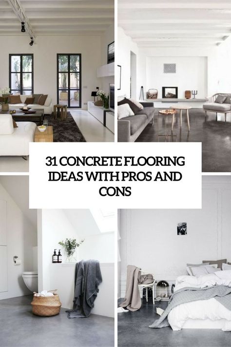 31 Concrete Flooring Ideas With Pros And Cons Industrial Flooring Concrete, Concrete Flooring In Kitchen, Cement Floor Interior, Living Rooms With Concrete Floors, Concrete Floor Living Room Decor, Interior Concrete Floors Living Room, Concrete Floors Decor, Business Flooring Ideas, Concrete Flooring In Bathroom