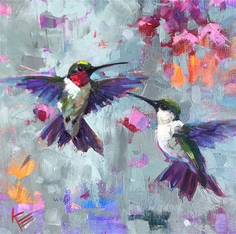 Colorful Bird Painting, Colourful Birds Painting, Abstract Hummingbird Painting, Hummingbird Oil Painting, Abstract Birds Painting Acrylics, Painting Birds Acrylic, Humming Bird Painting Acrylics, Oleo Painting Ideas, Birds And Flowers Painting