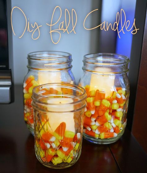 Easy DIY candy corn candles Candy Corn Candles Diy, Candy Corn Candle, Diy Candy Corn, Candy Corn Candles, Easy Diy Candy, Candy Corn Crafts, Fall Candy, Candles Diy, Fall Table Decor