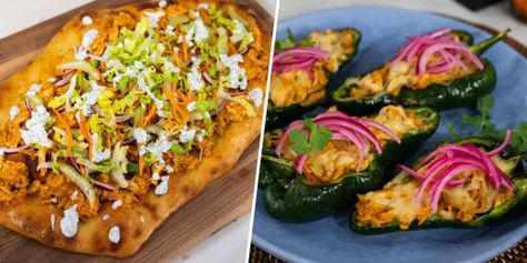 Buffalo Chicken Flatbread Recipes, Chicken Stuffed Poblano Peppers, Chicken Stuffed Poblano, Chicken Flatbread Recipes, Buffalo Chicken Flatbread, Poblano Peppers Recipes, Fried Chicken Nuggets, Chicken Flatbread, Buffalo Chicken Pizza