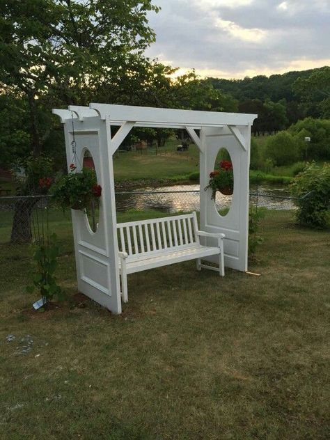 My variation of a garden arbor made from doors Door Projects, Backyard Seating Area, Backyard Seating, Backyard Greenhouse, Garden Arbor, Garden Deco, Backyard Diy Projects, Garden Doors, Backyard Projects